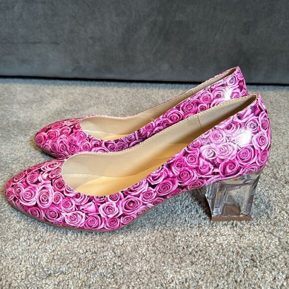 Reindee Lusion Pink Roses Transparent Block Mid Heel Round Toe Size 9.5 NEW - Picture 14 of 15